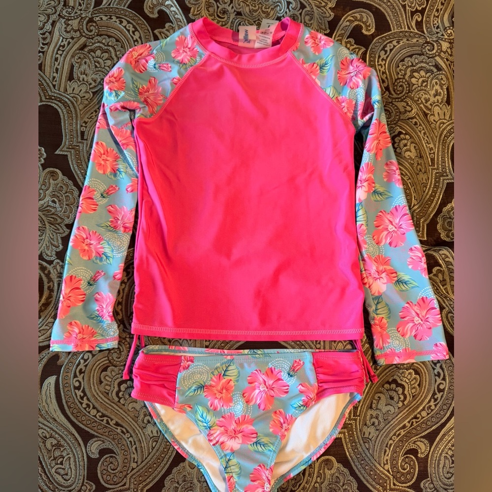 Floral Girls Swim Set with rashguard - Pink and Blue